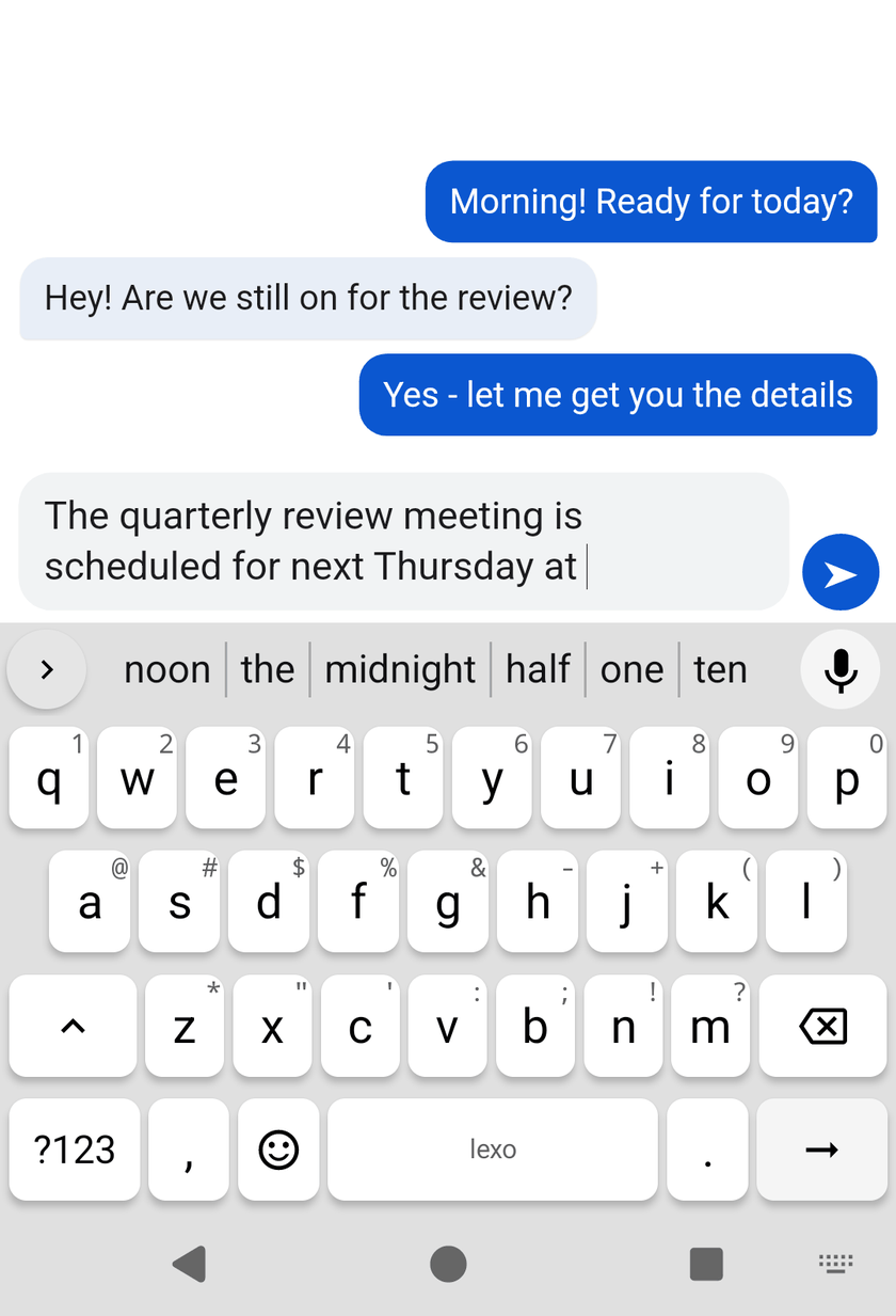 Lexo keyboard with a suggestion strip above the keys offering the next word in a half-typed sentence
